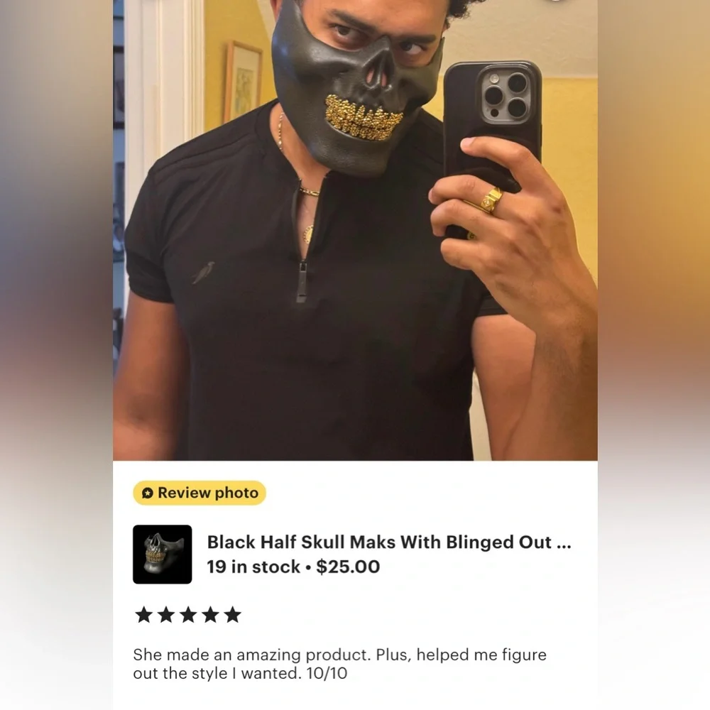 Black Half Skull Mask With Blinged Out Multi Crystal Grillz EDC Rave Costume